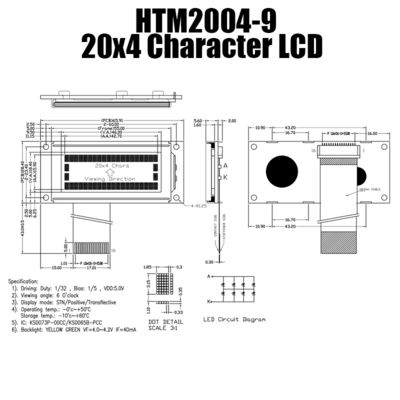 modulo LCD del carattere esile bianco 4X20 per HTM2004-9 industriale