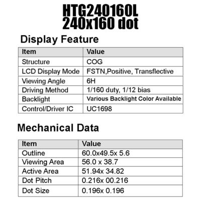 Modulo LCD UC1698 del DENTE di 18PIN 240x160 con la lampadina bianca laterale HTG240160L