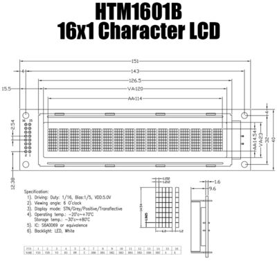 modulo LCD monocromatico dell'esposizione 16x1, S6A0069 piccolo modulo LCD HTM1601B