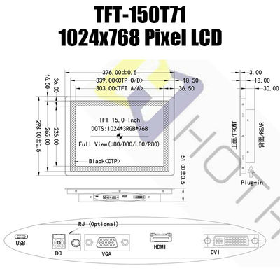 Modulo a 15,0 pollici della visualizzazione 1024x768 IPS TFT LCD di LCD del monitor HDMI di Pcap